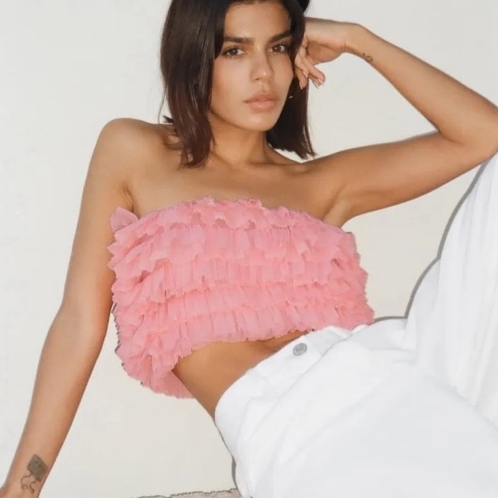 Zara Pink Coral Ruffled Organza Bandeau Top Tube Pleated Medium Festival